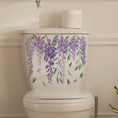 Autocollant De Toilette Fleurs Glycine Mauve PVC Imperméable Décor De Salle De Bain Pour Couvercle De Réservoir Floral
