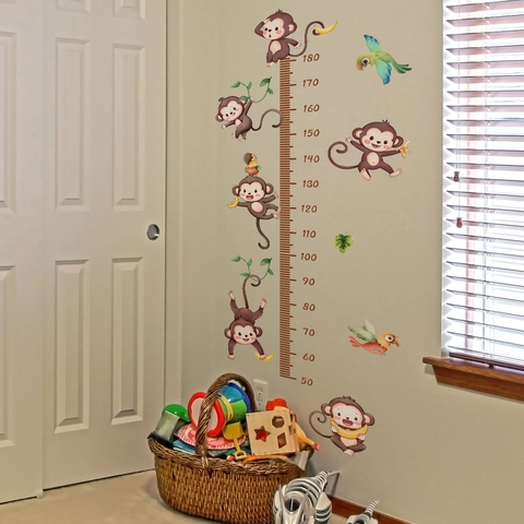 Autocollant Mural De Graphique De Croissance De Taille D'enfants De Singe Perroquet Règle En PVC Amovible Décor De Chambre De Bébé