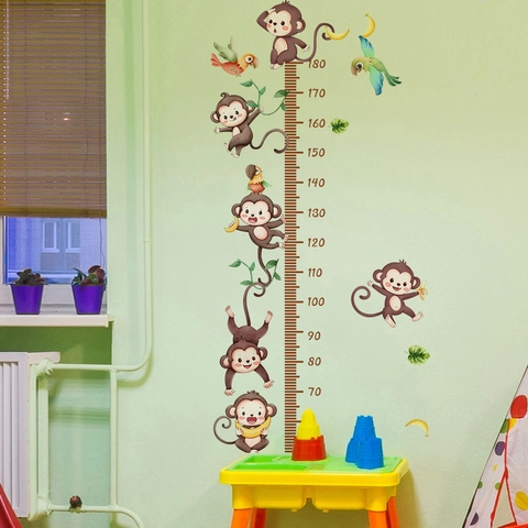 Autocollant Mural De Graphique De Croissance De Taille D'enfants De Singe Perroquet Règle En PVC Amovible Décor De Chambre De Bébé