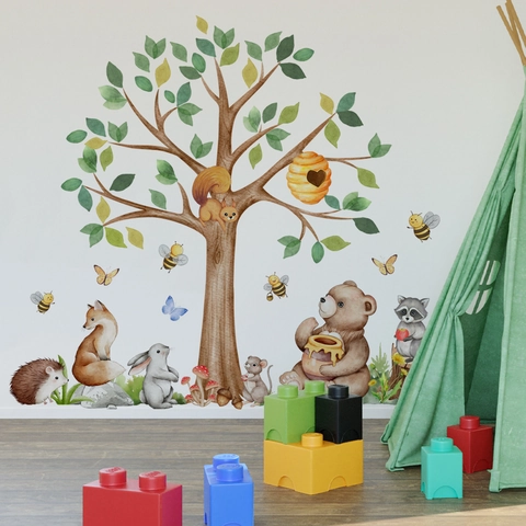 Stickers Muraux Arbre Animaux De La Forêt Aquarelle PVC Amovible Peint À La Main Décoration Chambre Enfant Maison