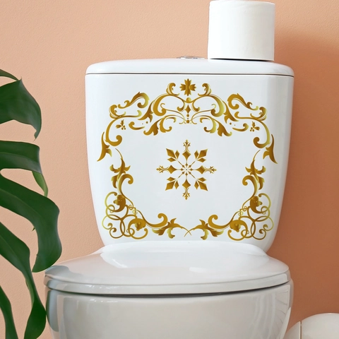 Calcomanías Tapa Inodoro Damasco Dorado PVC Impermeable Pegatinas Pared Baño Letrero Please Flush Retro Decoración Hogar
