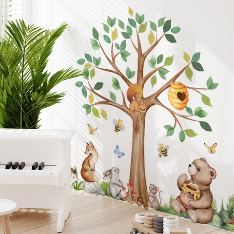 Stickers Muraux Arbre Animaux De La Forêt Aquarelle PVC Amovible Peint À La Main Décoration Chambre Enfant Maison