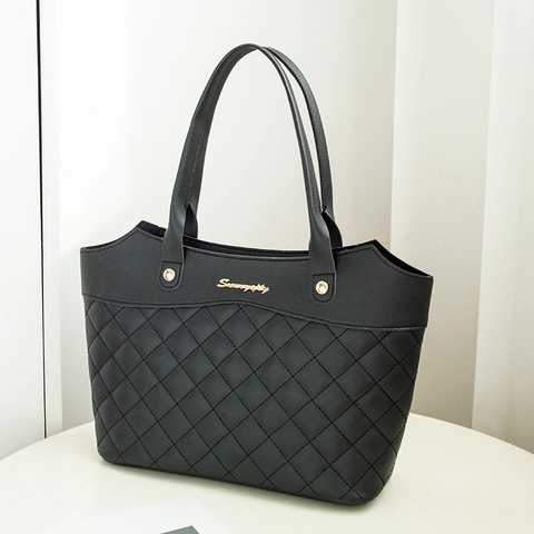 Bolso Tote de Mujer en Cuero PU Acolchado Gran Capacidad Bolso de Mano Moda Logo Metal Dorado Cremallera Bolso de Hombro