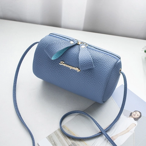 Women Litchi Pattern PU Leather Cylindrical Crossbody Bag Stylish Bow Zipper Small Pillow Shoulder Phone Bag