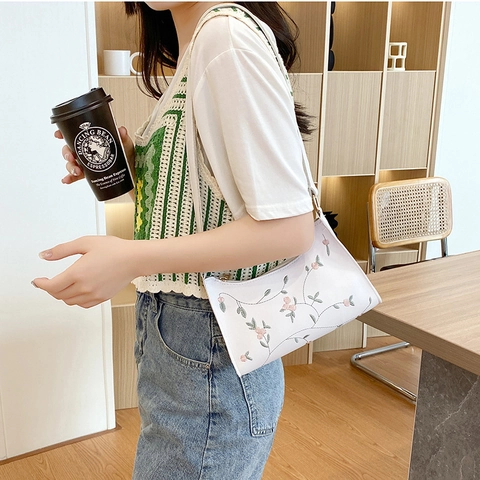 Borsa da Donna in Pelle PU con Ricamo Floreale Elegante Borsa a Tracolla Piccola Moda Casual Borsa Baguette per Uscite Quotidiane