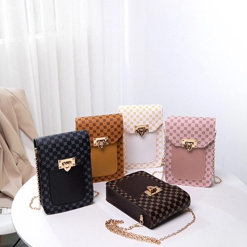Bolso de Hombro para Teléfono Vintage con Estampado Geométrico para Mujer con Cadena de Metal Bolso Mini de Cuero de PU