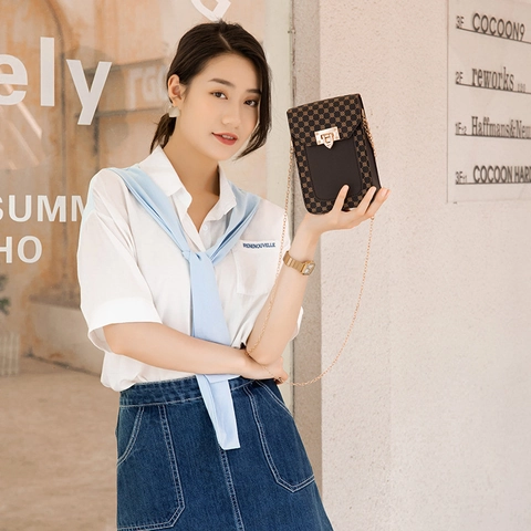 Bolso de Hombro para Teléfono Vintage con Estampado Geométrico para Mujer con Cadena de Metal Bolso Mini de Cuero de PU