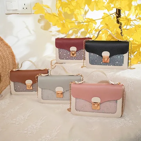 Women Small Square Phone Bag PU Leather Contrast Color With Star Sequins Transparent Window Metal Chain Strap