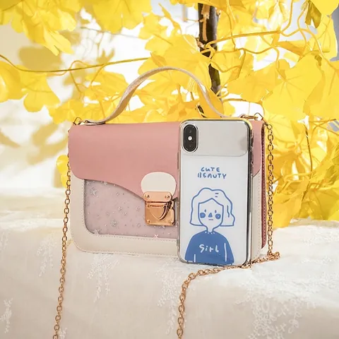 Women Small Square Phone Bag PU Leather Contrast Color With Star Sequins Transparent Window Metal Chain Strap