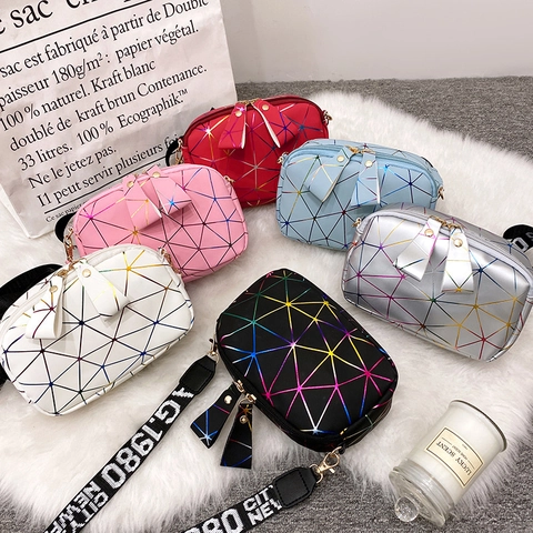 Geometric Pattern Crossbody Bag PU Leather Rainbow Lines Wide Letter Strap Double Zipper Fashion Small Camera Bag For Women