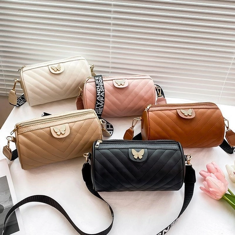 Women V Quilted Cylinder Shoulder Bag With Gold Butterfly Buckle Wide Letter Strap PU Leather Crossbody Pillow Bag