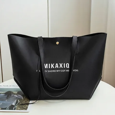 Women Fashion PU Leather Tote Bag Large Capacity Letter Print Shoulder Handbag Minimalist Urban Casual Shopping Bag For Ladies