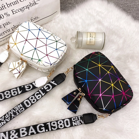 Geometric Pattern Crossbody Bag PU Leather Rainbow Lines Wide Letter Strap Double Zipper Fashion Small Camera Bag For Women