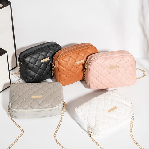 Women Quilted Rhombic Crossbody Bag PU Leather Chain Strap Double Zipper Small Square Bag Fashion Casual Shoulder Bag