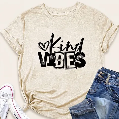 Γυναικείο Casual T-Shirt από Μείγμα Βαμβακιού Kind Vibes Εκτύπωση Γράμμα Καρδιά Στρογγυλή Λαιμόκοψη Κοντό Μανίκι Καλοκαίρι Χαλαρό Daily Tee Top
