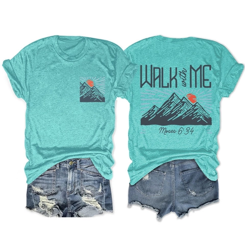 Damen Casual Baumwollmischung T-Shirt Walk With Me Moses Bibelvers Druck Berg Sonne Grafik Kurzarm Rundhals Top