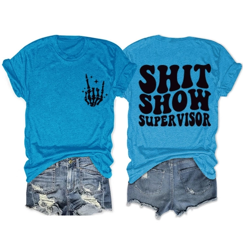Dames Casual Katoenmix T-Shirt Humoristisch Shit Show Supervisor Skelet Hand Print Ronde Hals Korte Mouw Top