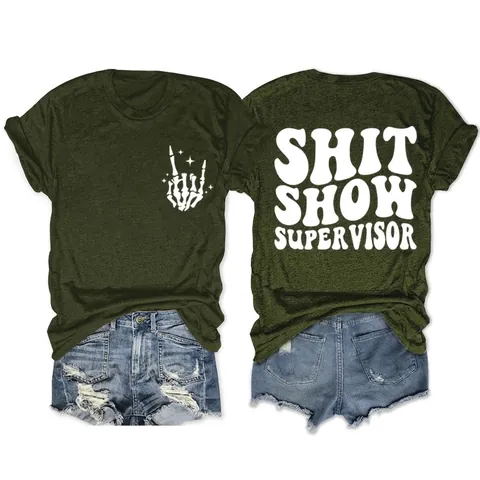 Dames Casual Katoenmix T-Shirt Humoristisch Shit Show Supervisor Skelet Hand Print Ronde Hals Korte Mouw Top
