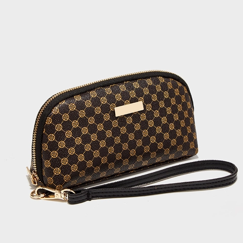 Vintage Damen PU Leder Clutch Tasche Mit Handgelenksschlaufe Klassischer Druck Muschelform Geldbörse Mehrfachfach