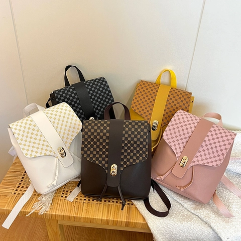 Vintage Monogram Printed PU Leather Mini Backpack For Women Contrast Color Small Schoolbag With Metal Lock Fashion Casual Daypack