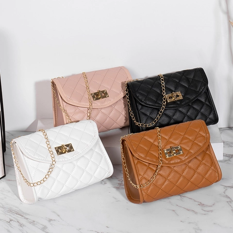 Women Quilted PU Leather Chain Shoulder Bag Fashion Crossbody Small Square Bag With Metal Lock Daily Party Purse
