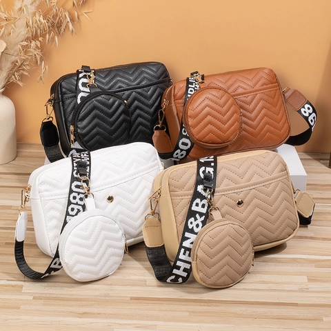Women V Quilted Shoulder Bag Wide Letter Strap Small Round Purse PU Leather Crossbody Bag Fashion Camera Bag Set