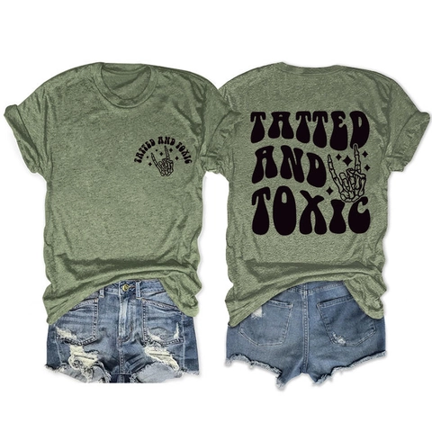 Tatted And Toxic Lettering Women T-Shirt Cotton Blend Short Sleeve Crew Neck Skull Hand Printed Casual Streetwear Top