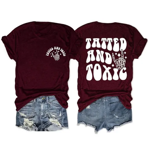 Tatted And Toxic Lettering Women T-Shirt Cotton Blend Short Sleeve Crew Neck Skull Hand Printed Casual Streetwear Top