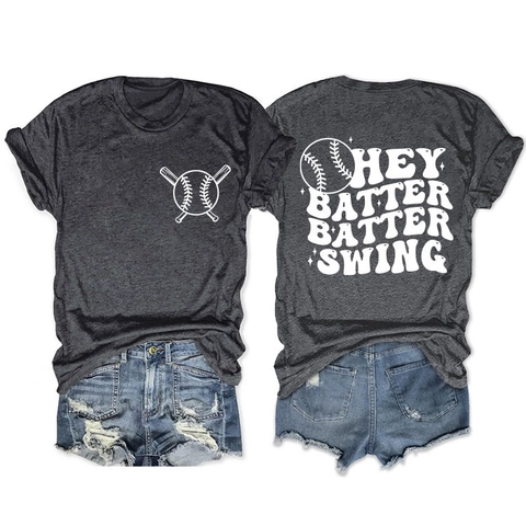 Damen Casual Baumwollmischung T-Shirt Hey Batter Batter Swing Baseball Grafikdruck Kurzarm Lockere Passform Rundhals Top