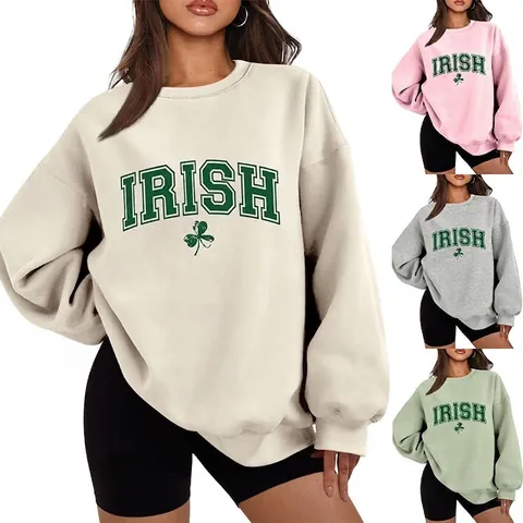 Damen Oversized Sweatshirt Baumwollmischung Pullover Rundhals Langarm Irish Buchstabe Kleeblatt Druck Lässig