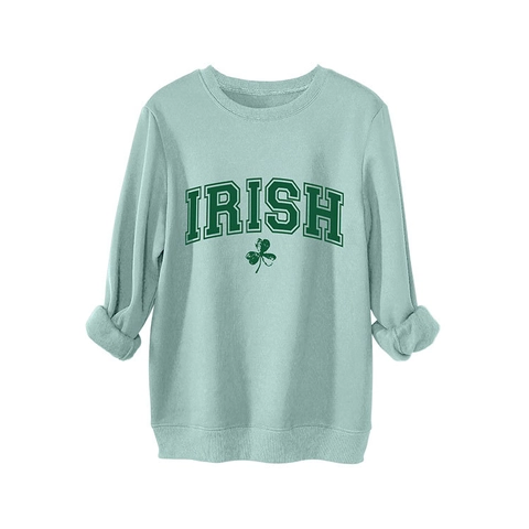Damen Oversized Sweatshirt Baumwollmischung Pullover Rundhals Langarm Irish Buchstabe Kleeblatt Druck Lässig