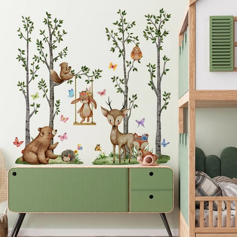 Watercolor Forest Animals Wall Stickers PVC Waterproof Bear Deer Rabbit Decals For Kids Room Nursery Decor Cartoon