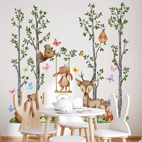 Watercolor Forest Animals Wall Stickers PVC Waterproof Bear Deer Rabbit Decals For Kids Room Nursery Decor Cartoon