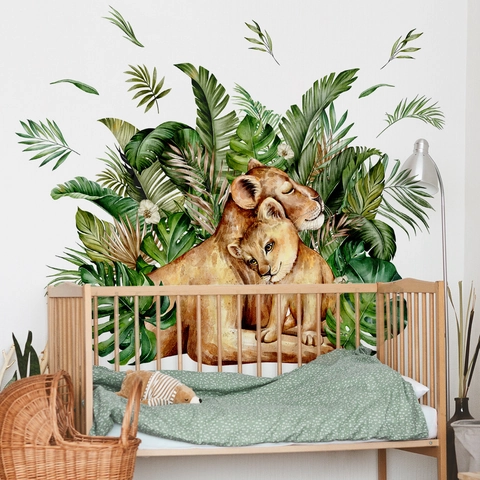 Watercolor Lion Mother And Baby Wall Stickers Tropical Jungle Leaves PVC Decals For Nursery Kids Room Decor
