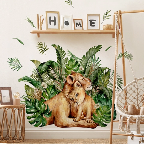 Watercolor Lion Mother And Baby Wall Stickers Tropical Jungle Leaves PVC Decals For Nursery Kids Room Decor