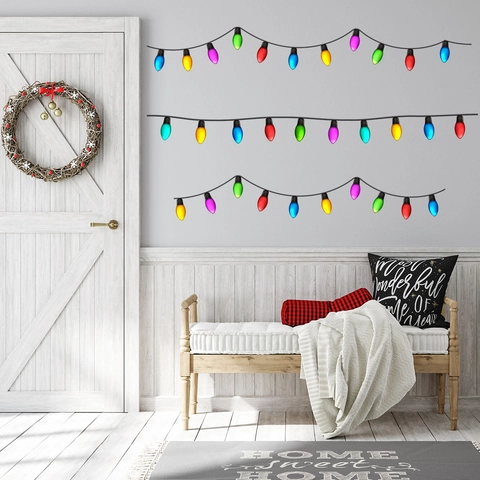 Christmas Colorful Bulb String Wall Sticker PVC Self Adhesive Festive Holiday Decoration For Living Room Bedroom Wall Decal