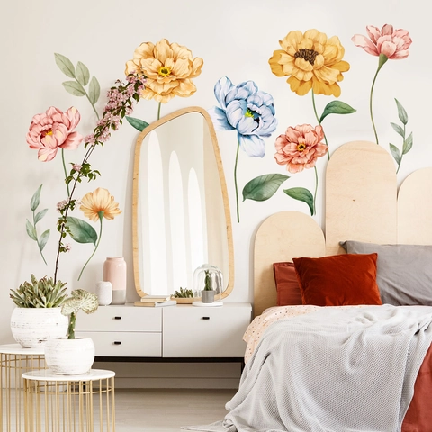 Grandi Adesivi da Parete Peonia Acquerello Floreale Decalcomanie per Camera da Letto Soggiorno Decorazione Casa Murale in PVC