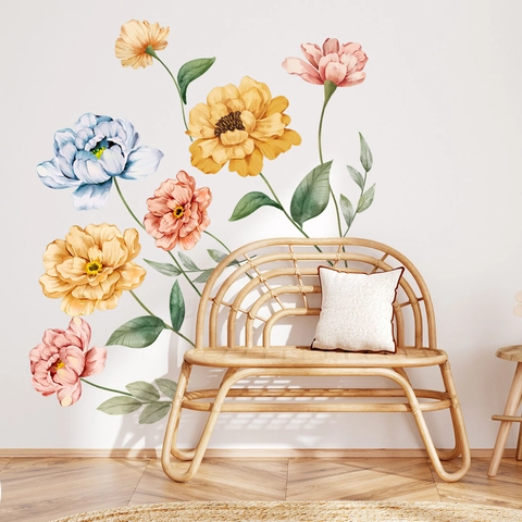 Grandi Adesivi da Parete Peonia Acquerello Floreale Decalcomanie per Camera da Letto Soggiorno Decorazione Casa Murale in PVC
