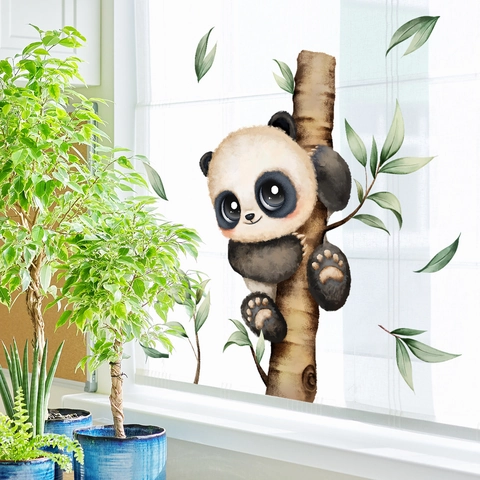 Cartoon Panda Climbing Tree Wall Stickers Watercolor Bamboo Leaves PVC Static Window Clings For Kids Room Home Decor