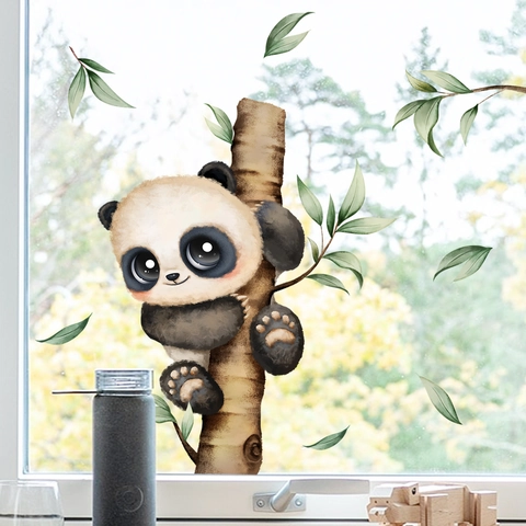 Cartoon Panda Climbing Tree Wall Stickers Watercolor Bamboo Leaves PVC Static Window Clings For Kids Room Home Decor