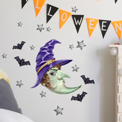 Pegatinas De Pared De Halloween Bruja Murciélago Estrellas PVC Autoadhesivo Extraíble Calcomanías Decorativas Para Hogar