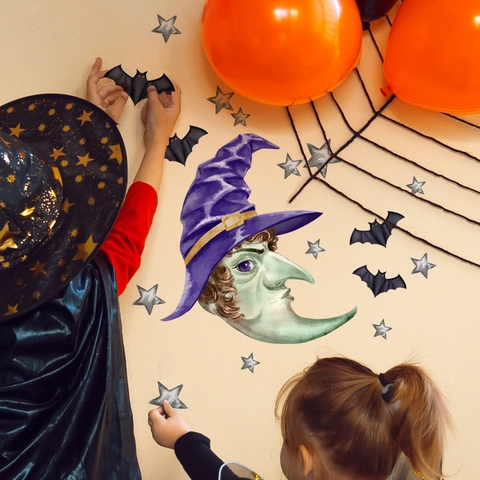 Pegatinas De Pared De Halloween Bruja Murciélago Estrellas PVC Autoadhesivo Extraíble Calcomanías Decorativas Para Hogar