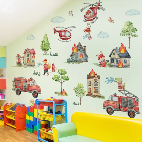 Watercolor Fire Truck Animal Rescue Team Wall Stickers PVC Cartoon Fireman Theme Decorative Decals For Kids Room Nursery Playroom