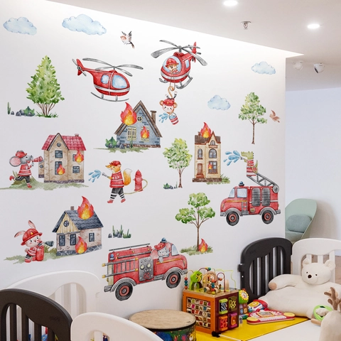 Watercolor Fire Truck Animal Rescue Team Wall Stickers PVC Cartoon Fireman Theme Decorative Decals For Kids Room Nursery Playroom