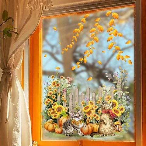 Autumn Window Clings Cartoon Cat Pumpkin Sunflower Wall Stickers Static PVC Harvest Thanksgiving Home Decoration