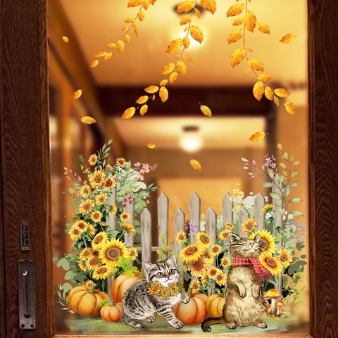 Autumn Window Clings Cartoon Cat Pumpkin Sunflower Wall Stickers Static PVC Harvest Thanksgiving Home Decoration