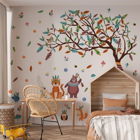 Stickers Muraux Animaux De La Forêt Arbre PVC Dessin Animé Tigre Ours Renard Hibou Tribal Décoration Chambre Enfant