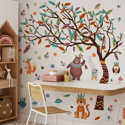 Stickers Muraux Animaux De La Forêt Arbre PVC Dessin Animé Tigre Ours Renard Hibou Tribal Décoration Chambre Enfant