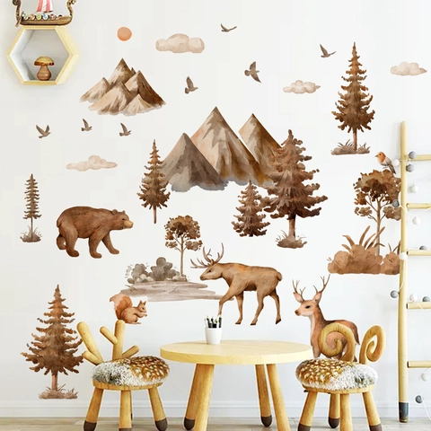 Nordisch Waldtiere Wandsticker PVC Aquarell Berg Bär Hirsch Kiefern Kinderzimmer Deko Abnehmbar DIY Tapete Für Kinderzimmer