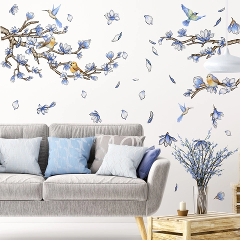 Adesivi Murali Moderni Minimalisti con Fiori Blu e Uccelli in PVC Acquerello Decalcomanie Floreali per Soggiorno Camera da Letto Decorazione Domestica